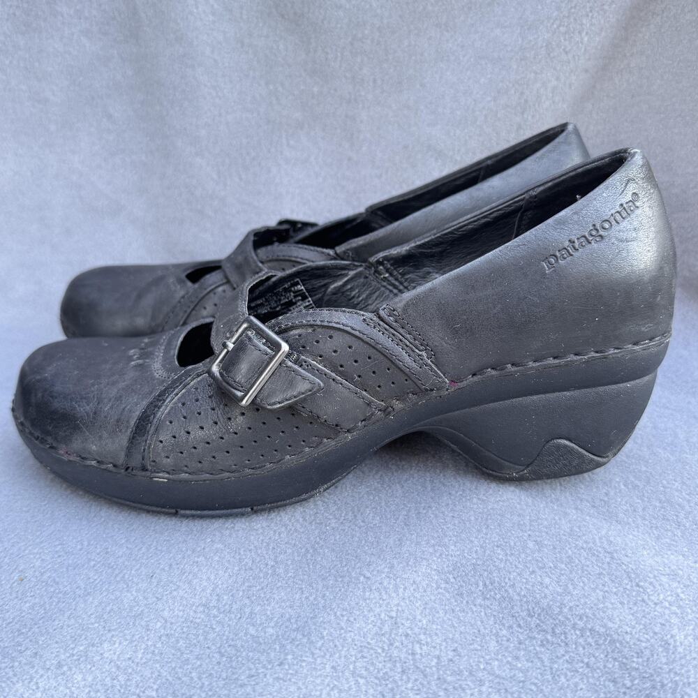 Patagonia Better Clog Shoes Womens Size 38 EU Black Leather Mary Jane Wedge